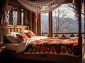 A bed with a view of mountains. Mountain guesthouse in the Romanian countryside. Authentic interior of a wooden house