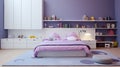 bed between white cabinet and violet tear pillow on cupboard in bedroom with gallery. generative ai Royalty Free Stock Photo