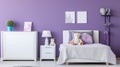bed between white cabinet and violet tear pillow on cupboard in bedroom with gallery. generative ai Royalty Free Stock Photo