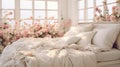 Bed With White Comforter and Bunch of Flowers