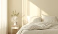 Bed With White Comforter and Fan