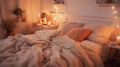 A bed with a white comforter and a lamp, AI