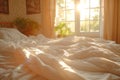 Bed With White Comforter and Potted Plant