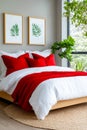 A bed with a white comforter and red pillows in a bedroom Royalty Free Stock Photo