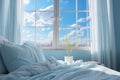 A bed with a white comforter and a window. Wake Up concept