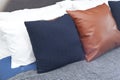 Comfortable white and grey pillow on bed Royalty Free Stock Photo