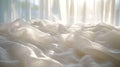 A bed with white sheets and curtains in the background, AI Royalty Free Stock Photo