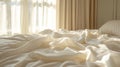 A bed with white sheets and curtains in a room, AI Royalty Free Stock Photo