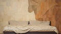 Cubist-inspired Abstractions: A Bed On A Wooden Surface In Earth Tones