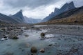 Bed of wild Weasel river in remote arctic valley on a cloudy and rainy day. Dramatic arctic landscape of Akshayuk Pass