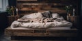 A bed with a wooden head board and pillows. AI generative image.