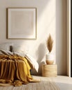 Bed with yellow blanket near stucco wall with poster. Boho interior design of modern bedroom. Created with generative AI Royalty Free Stock Photo