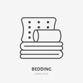 Bedding, bedroom decorations flat line icon. Vector illustration of pillows and blanket. Thin linear logo for interior