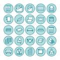 Bedding flat line icons. Orthopedics mattresses, bedroom linen, pillows, sheets set, blanket and duvet illustrations Royalty Free Stock Photo