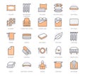 Bedding flat line icons. Orthopedics mattresses, bedroom linen, pillows, sheets set, blanket and duvet illustrations