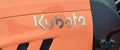 Bednary, Poland - September 25, 2021: Agroshow. Front of tractor with Kubota logo. Manufacturer of agricultural equipment