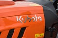 Bednary, Poland - September 25, 2021: Agroshow. Kubota brand tractor machine. Manufacturer agricultural equipment. Detail and part