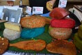 BEDOIN, FRANCE - AUGUST 1, 2016: French cheese of differents color at the market in Provence Royalty Free Stock Photo