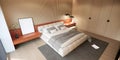 Bedoom interior design and decoration in modern style. 3d rendering top view hotel guest room Royalty Free Stock Photo