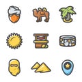 Vector Set of Middle East Icons. Arab, Camel, Palm, Sun, Market, Well, Veil, Desert, Pointer.