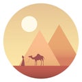 Bedouin with a camel against the background of the Egyptian pyramids and the desert. Bedouin leads a camel. Vector, cartoon Royalty Free Stock Photo