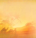 Bedouin camel caravan in wild africa landscape - artistic grunge card Royalty Free Stock Photo