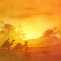 Bedouin camel caravan in wild africa landscape - artistic grunge illustration