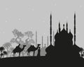 Bedouin camel caravan in wild africa landscape illustration