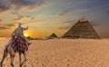 A bedouin on a camel in front of the Great Pyramids of Giza Royalty Free Stock Photo