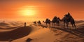 Bedouin with camel silhouette in the sand dunes of the Thar desert at sunset. caravan in rajasthan travel background safari