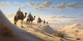 Bedouin with camel silhouette in the sand dunes of the Thar desert at sunset. caravan in rajasthan travel background safari