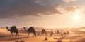 Bedouin with camel silhouette in the sand dunes of the Thar desert at sunset. caravan in rajasthan travel background safari