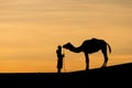 Bedouin and camel on way through sandy desert Beautiful sunset with caravan on Sahara, Morocco Desert, Africa