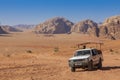 Bedouin`s car jeeps and tourists, Wadi Rum desert in Jordan, Middle East