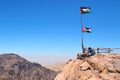 Bedouin on top of the mountain, flags be wind, landscape view, Petra, Jordan, flags Royalty Free Stock Photo