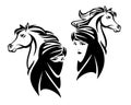 Bedouin woman wearing head covering scarf and arabian horse black and white vector outline Royalty Free Stock Photo