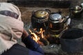 Bedouins preparing a tea in the fire. Jordan Royalty Free Stock Photo