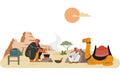 Bedouins resting with camel on a hot summer sunset in the desert, vector cartoon Arab nomad cooks in caldron on campfire Royalty Free Stock Photo