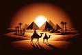 Bedouins walk to egypt pyramids on camel at night desert