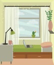 Interior of a cozy bedroom with a large window. Girl`s room, teenager`s room, student`s room Royalty Free Stock Photo