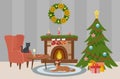 Christmas room interior. Christmas tree and decorations. Gifts and fireplace. Vector illustration in flat style. Royalty Free Stock Photo