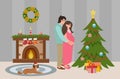 Christmas room interior. Pregnancy at Christmas. Christmas tree and decorations, couple in love.