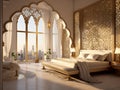 bedroom in arabic interior design style with mashrabiya behind the bed, AI Generative