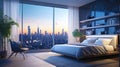A bedroom with artificial materials and a window creating a modern city panorama