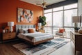 Bedroom with bed and big windows. Geometric patterns create stunning accent walls with familiar and simple shapes