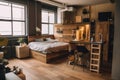 A bedroom with a bed, desk, and a window. AI generative image. Cozy loft with wooden stairs.