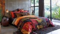 In this bedroom the bed is dressed with a vibrant tribal printed duvet cover and matching throw pillows. The intricate