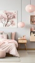 a bedroom with a bed, dresser and a painting on the wall Scandinavian interior Master Bedroom with