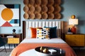 Bedroom with bed. Geometric patterns create stunning accent walls with familiar and simple shapes. Interior decorating