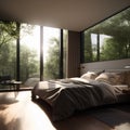 a bedroom, bed in middle, wardrobe, commode, modern style, curtain wall showing trees outside, day time light Royalty Free Stock Photo